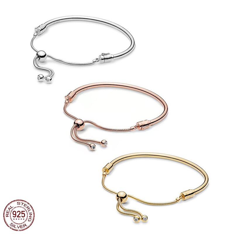 925 Sterling Silver Rose Gold Smooth Adjustable Bracelet Snake Bone Chain fit Original Charm Bead Making DIY Women&#39;s Jewelry