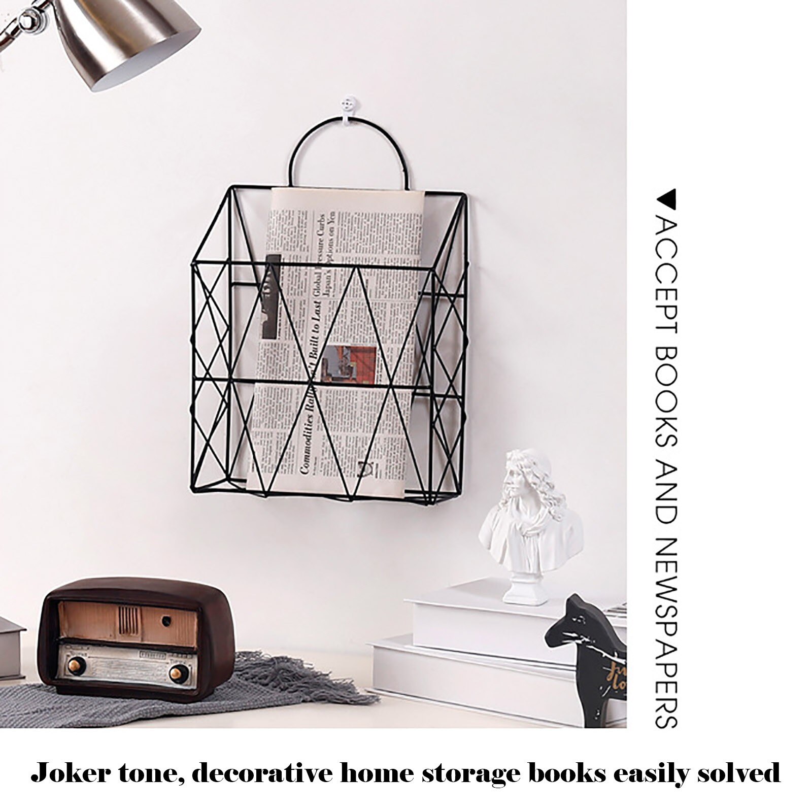 40#Wall-mounted Grid Hanging Rack Newspaper Magazine File Iron Storage Basket Wall Shelf Bedroom Office Home Study Suppies