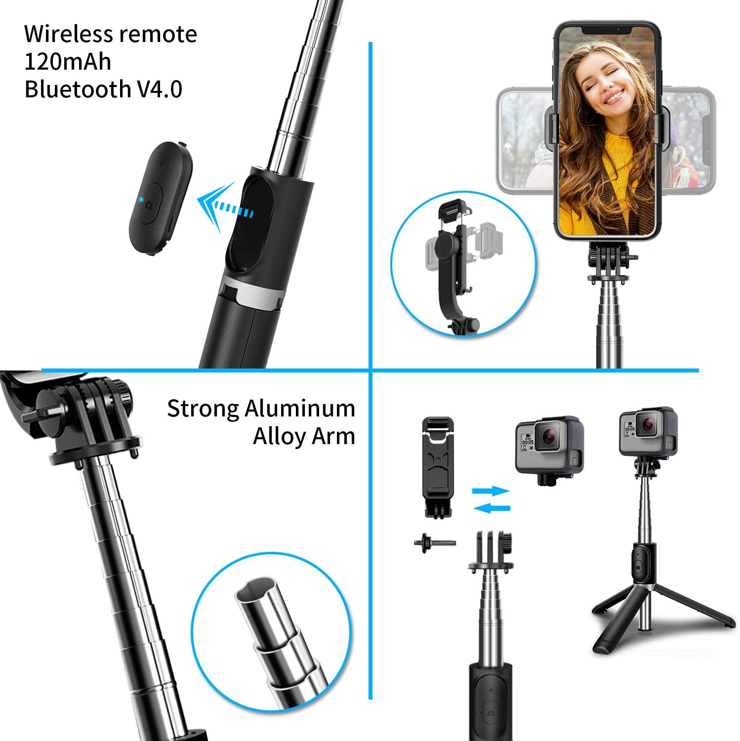 Selfie Stok Statief Met Draadloze Afstandsbediening, Mini Uitschuifbare Selfie Stok 360 ° Rotatie Telefoon Stand Houder Voor Smartphones Gopro