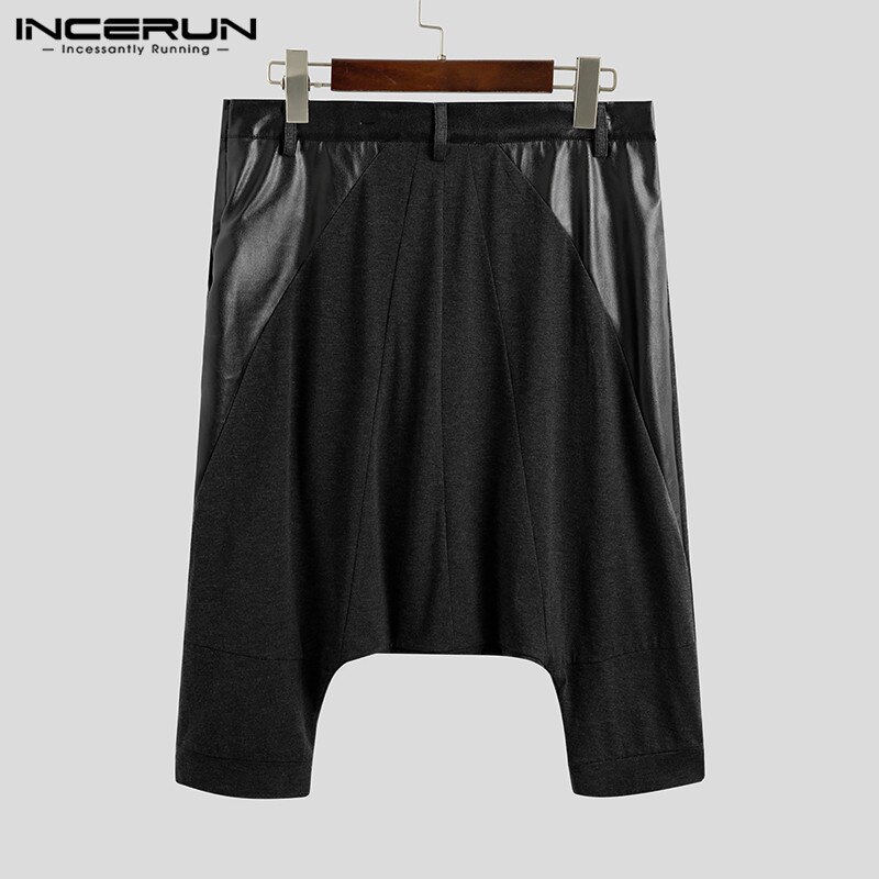 Modne spodnie haremki męskie Punk Zipper Patchwork skóra PU 2020 spadek krocza spodnie biegaczy Streetwear Pantalones Hombre INCERUN