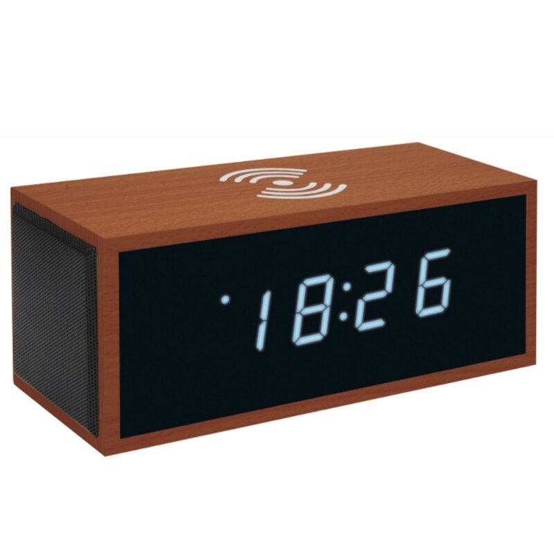Wooden Alarm Clock with Bluetooth Speaker LED Digital Clock Wireless Charging Mobile Phone Wooden Thermometer Clock: Brown Wood