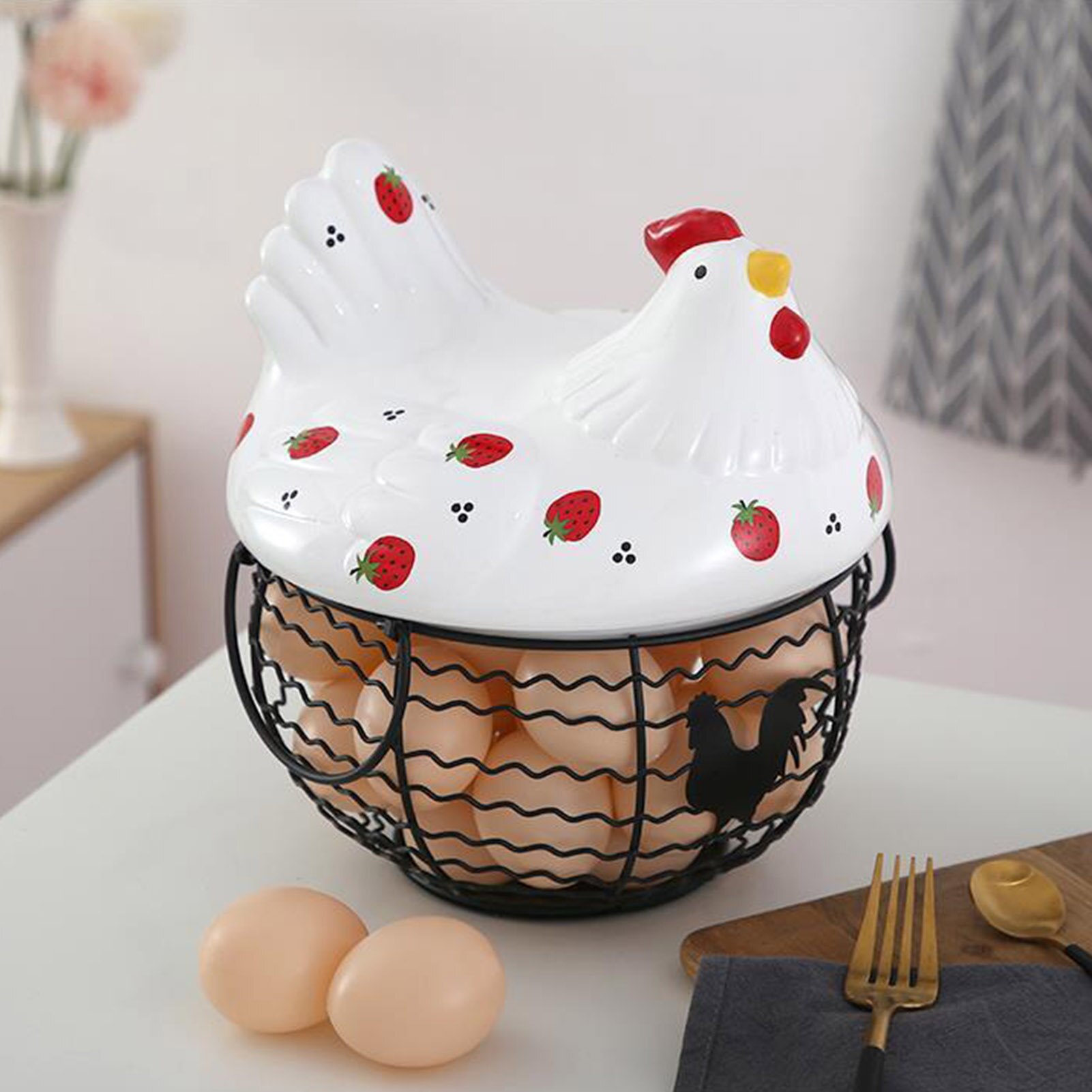 Egg Storage Basket Egg Holder Chicken Wire Egg Basket Fruit Basket Collection Ceramic Hen Oraments Decoration Kitchen Storage