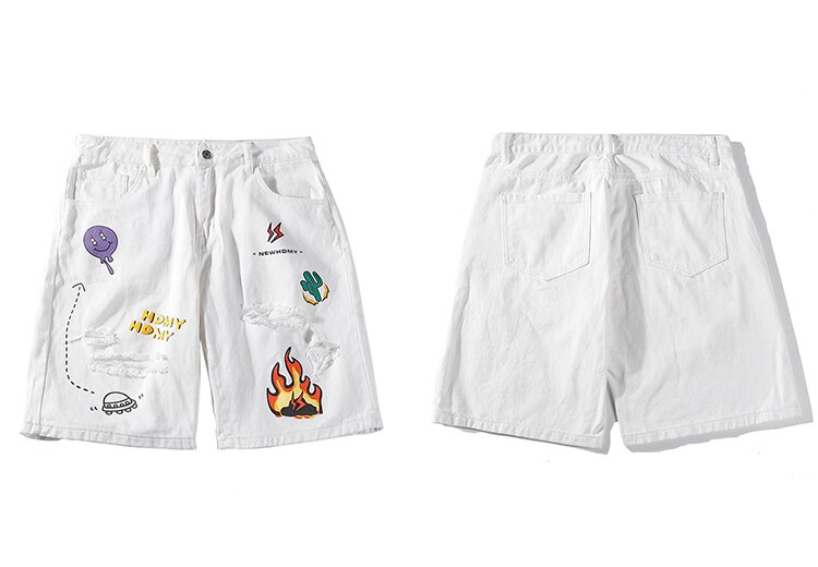 LENSTID été feu flamme Cactus imprimé détruit déchiré Baggy Denim Shorts Harajuku Streetwear Hip Hop Jeans décontractés pantalons courts: White / Asian L