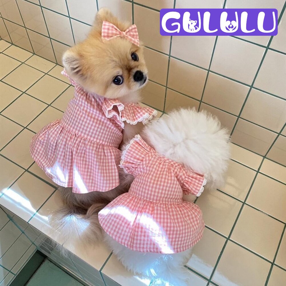 GULULU Sommer Hund Kleid Plaid Spitze Welpen Kleidung für Kleine Hunde Mädchen Rosa Felsen Katze Outfit Haustier Zubehör vestido perro 2022