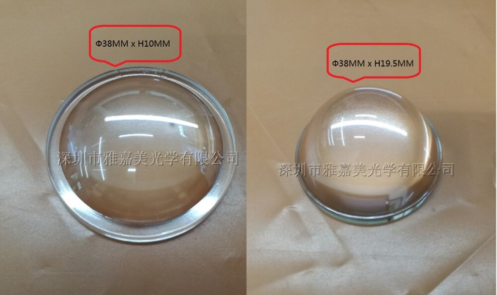 Hoge doorlaatbaarheid glas lens Diameter 38 MM, hoogte 19.5 MM en 10 MM platbolle lens, optische Bolle led lens