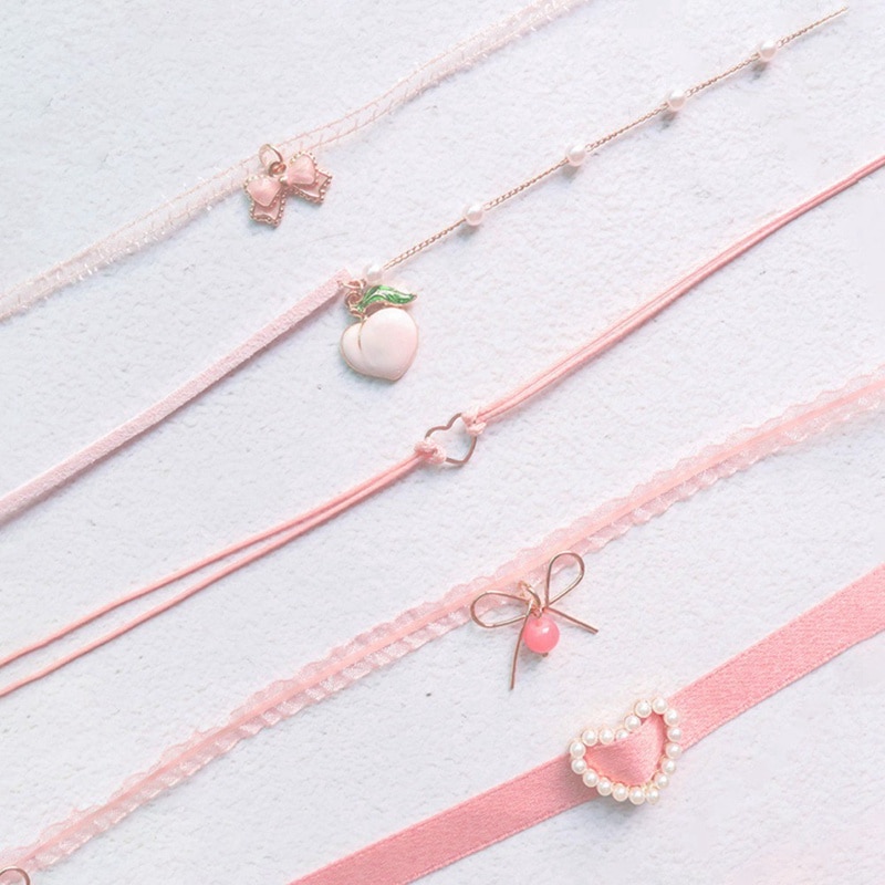 Pink Peach Heart Pendant Choker Short Clavicle Necklaces For Girl Cute Aesthetic Jewelrys