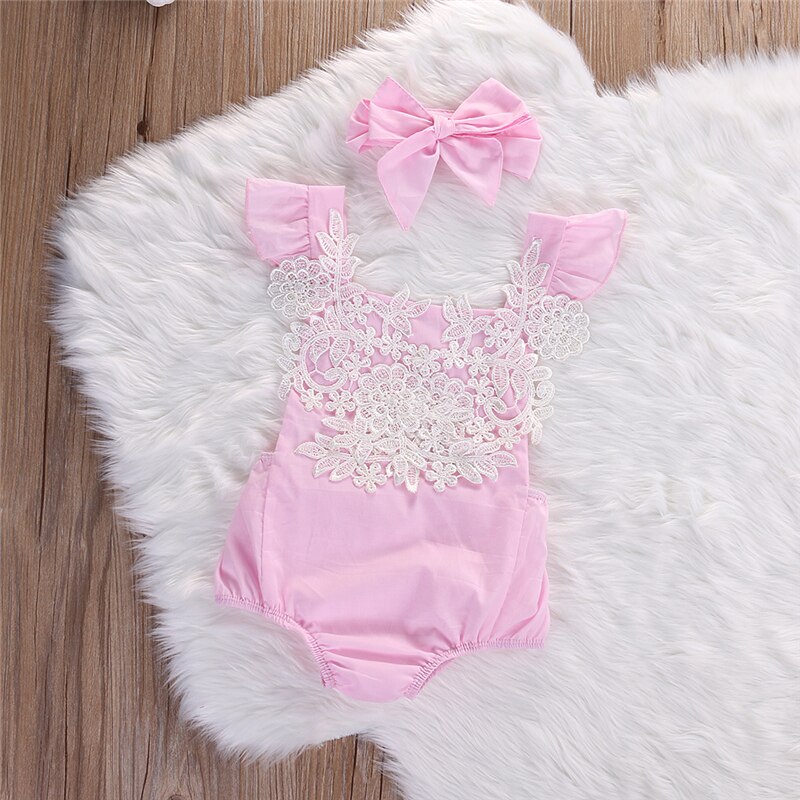 Sommar nyfött spädbarn bebis flicka spets blommig byxdress jumpsuit outfit sommar bomull rosa baby flicka kläder byxor set