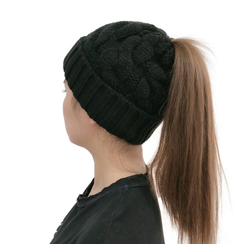 Hat autumn and winter woman knit warm innocent bonnet ponytail warm hat roll adjustable wool thick solid color