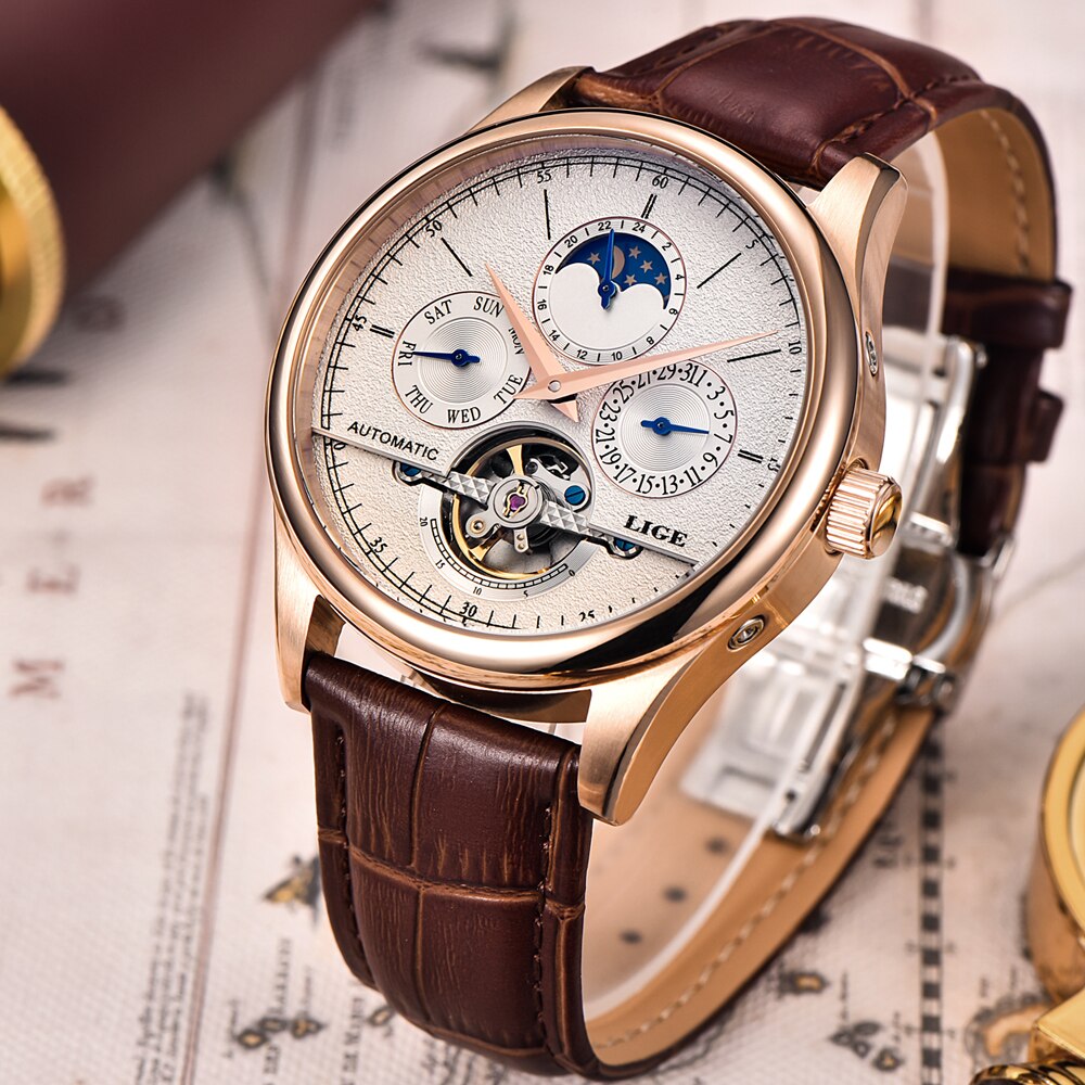 Relojes de Hombre LIGE, reloj mecánico automático para Hombre, reloj Tourbillon deportivo, reloj de pulsera Retro de negocios Casual de cuero