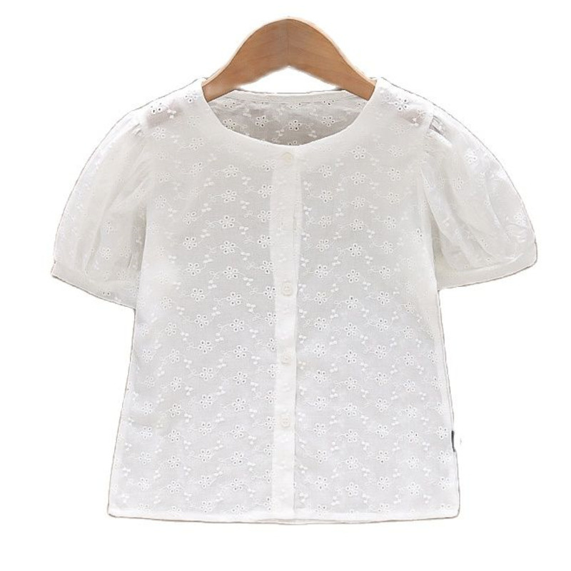 2022 estate nuove ragazze camicia bianca ricamata cava manica corta ragazza camicetta vestiti del bambino per le ragazze dai 2 ai 6 anni