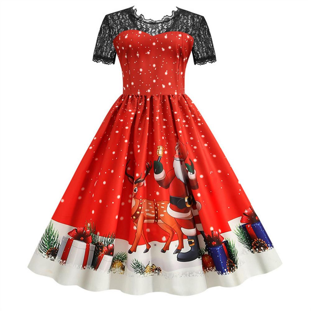 Vestidos de natal do vintage para as mulheres manga curta renda swing vestido vintage cocktail balanço natal impresso vestido de festa traje: S / Vermelho