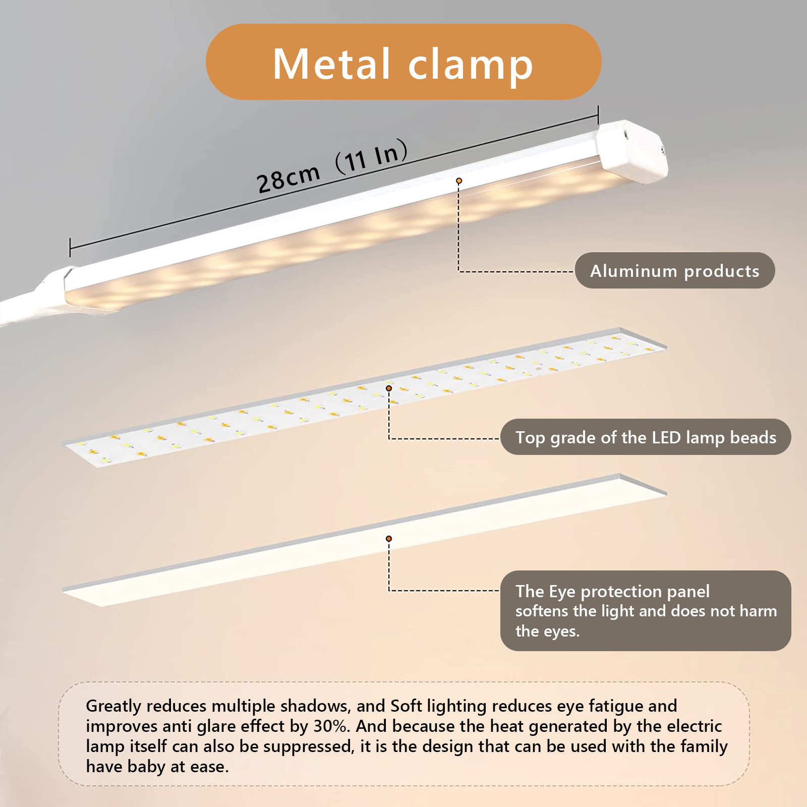B LED-Schreibtischlampe mit Klemme, augenschonende Clip-an-Leuchten für das Heimbüro, 3 Modi, 10 Helligkeiten, langer, flexibler Schwanenhals, Metall