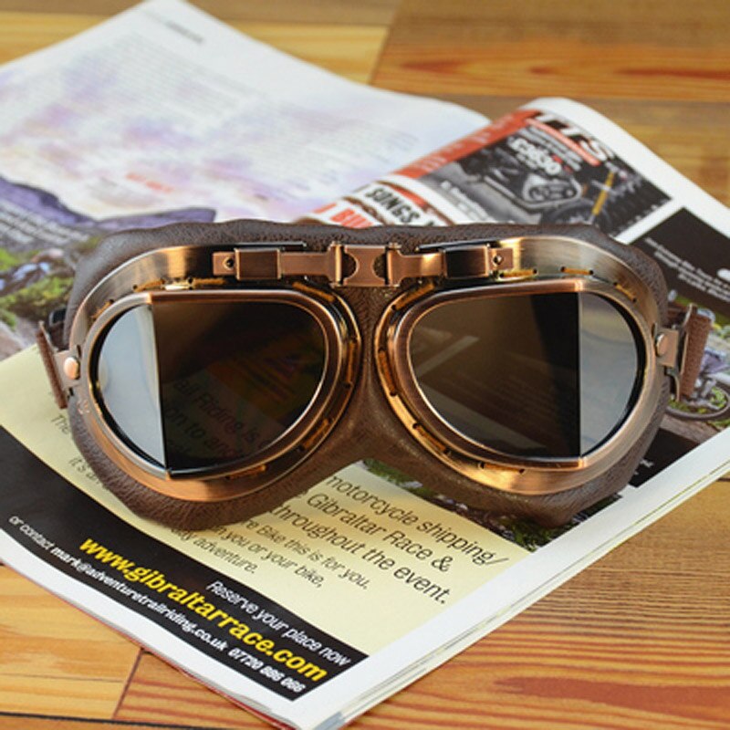 Lunettes de moto pour casque, pour pilote aviateur, rétro, en cuir PU, cuivre lunettes, pour Cruiser Cafe Racer: A