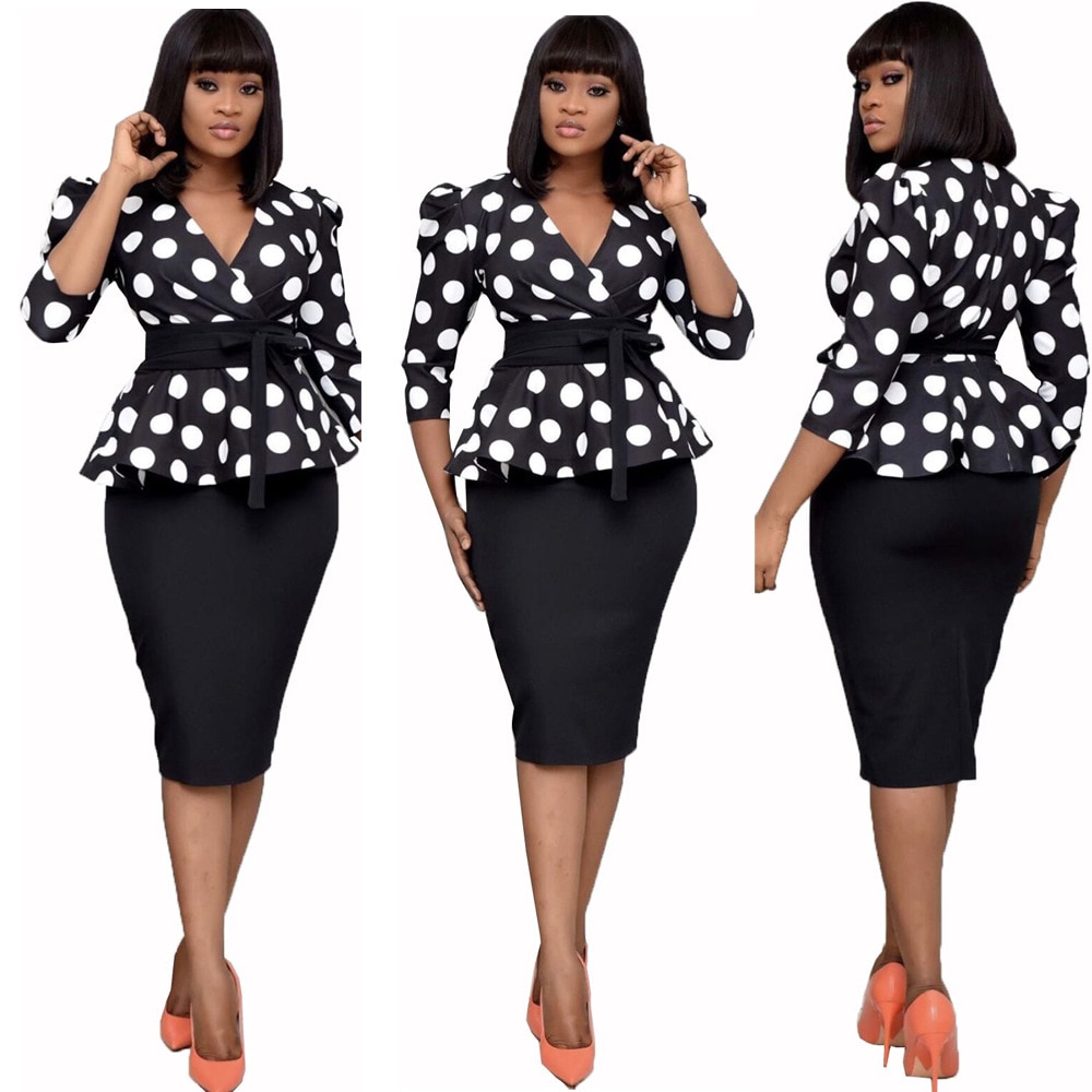 Dot Print African Dresses For Women Africa Office Dress African Clothes Ladies Clothing Robe Africaine Femme And Belt