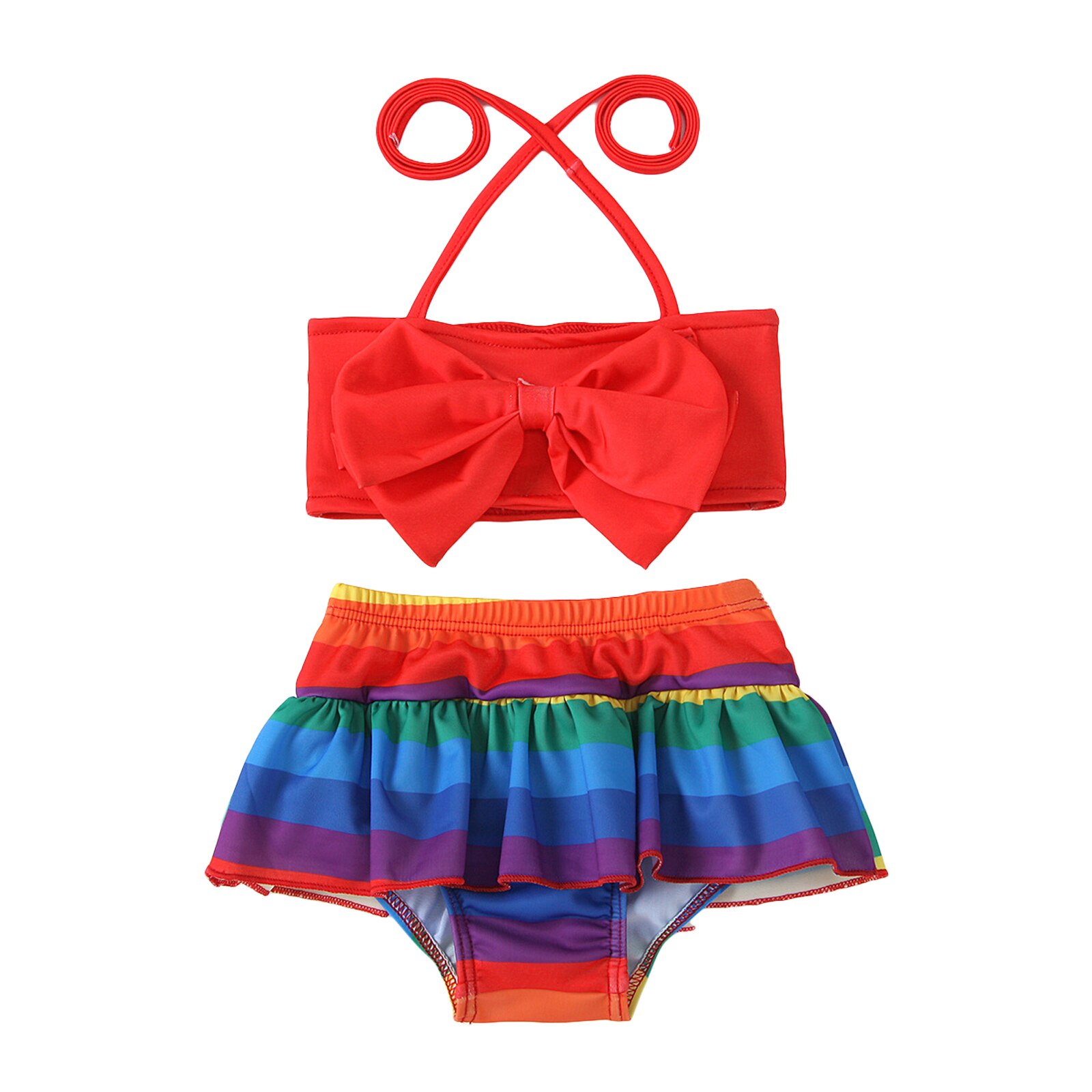 Girls Two-piece Swimming Clothes Set, Halter Neck Sleeveless Tops and Printed Pattern Shorts, Rosy/ Red/ Orange/ Yellow 6M-4T: Red / 4T