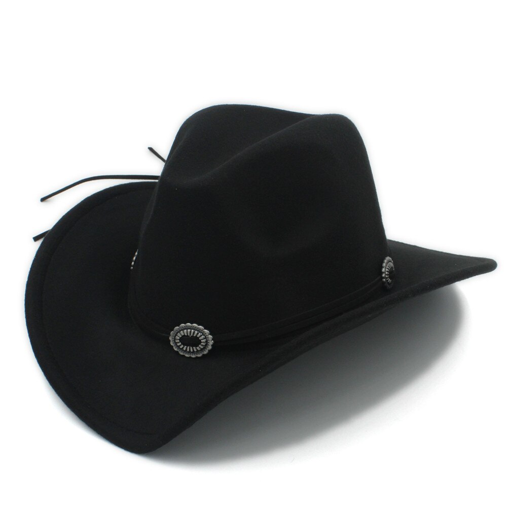 Uld barn kids western cowboy hat til dreng pige cowgirl jazz kirke kasket med læder toca sombrero kasket 4-9 år: Sort