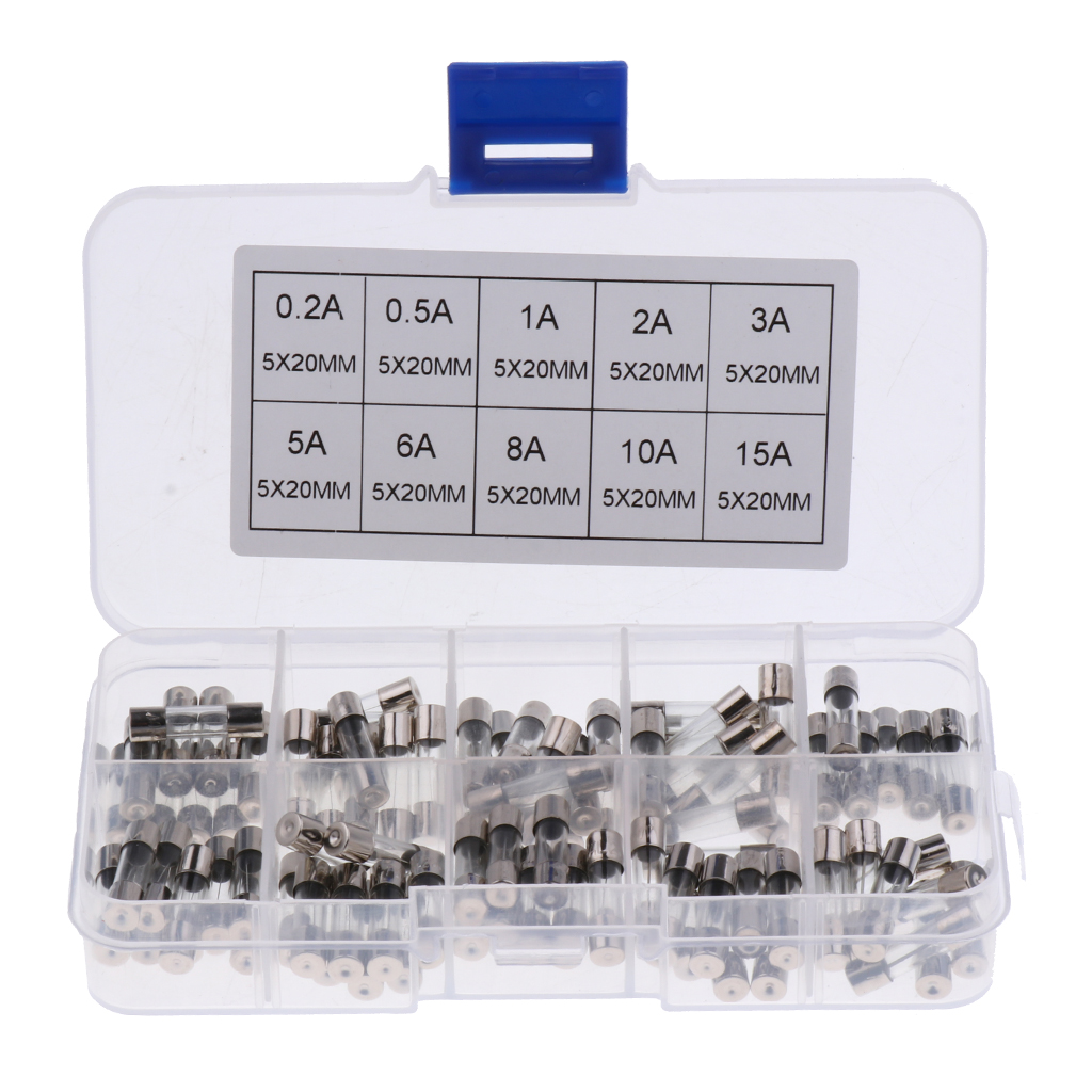 100 Pieces 5mmx20mm Quick Fast Blow Glass Assorted Fuse Amp 0.2A-15A