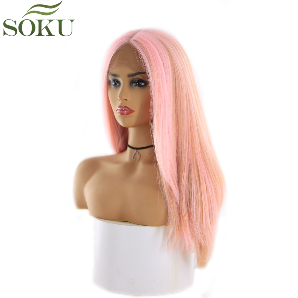 Pelucas frontales de encaje sintético de Color rosa SOKU para mujeres negras, peluca de parte media, pelucas de fibra de alta temperatura sin pegamento de 130% de densidad