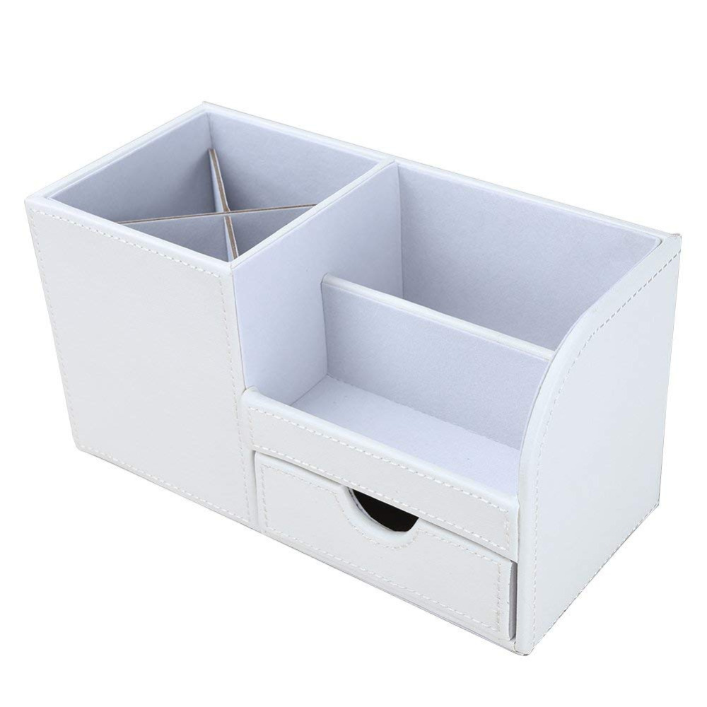XRHYY White 3 Storage Compartments PU Leather Office Desktop Organizer Stationery Box Collection Business Card/Pen/Pencil