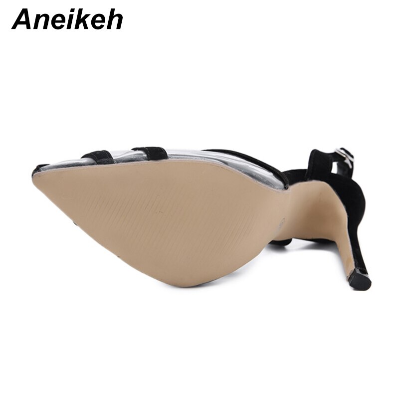 Aneikeh zomer damesschoenen sandalen enkelband flock volwassen ondiepe dunne hak gesp bandje rugbandje feest puntige neus zwart