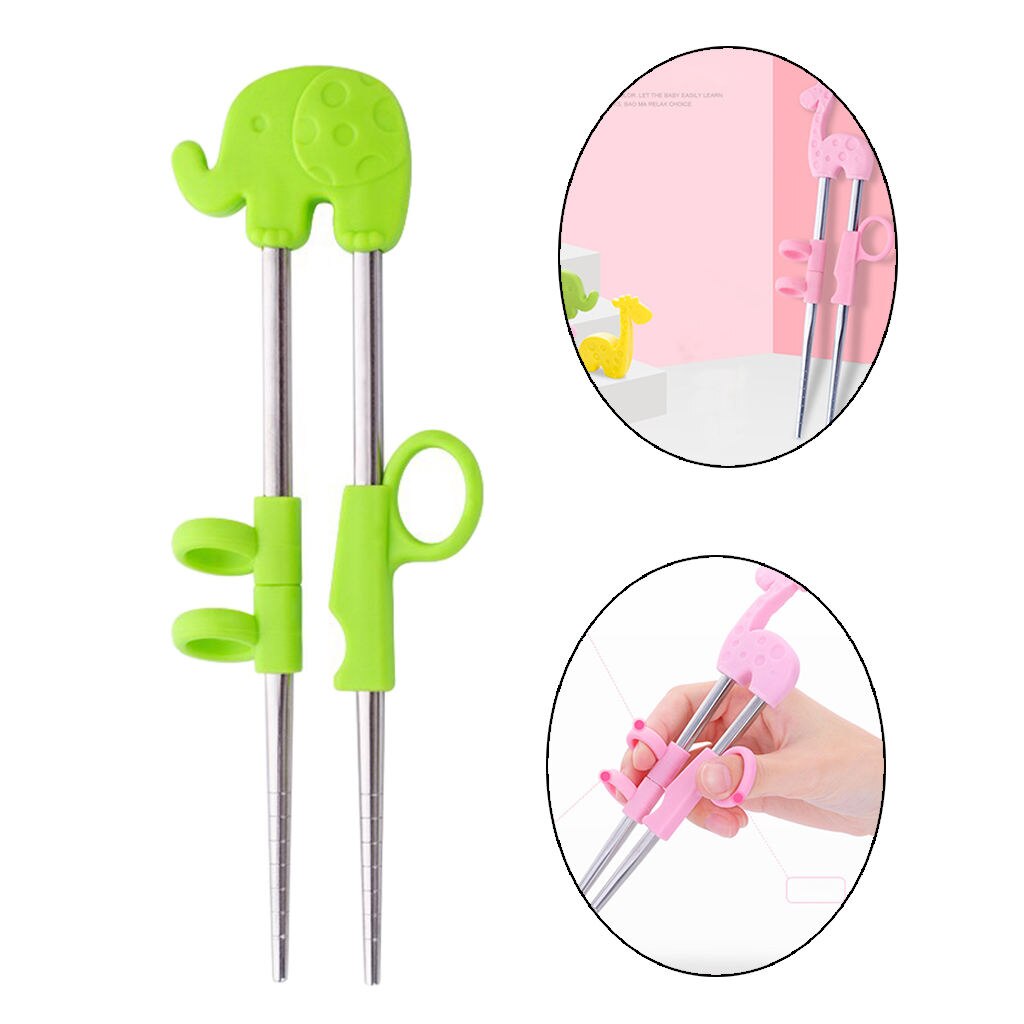 1Pair Stainless Steel Chopsticks For Kids Cartoon Learning Chop Sticks Reusable Training Chopsticks Cute Children Tableware Set: A Green Elephant