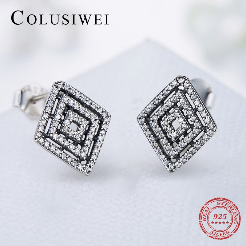 Colusiwei 925 Sterling Silver Shiny Zircon Retro Square Pendant & Stud Earring & Ring Wedding Engagement Jewelry Set