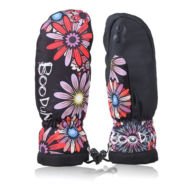Vinterski handsker kvinder varmt vandtæt vindtæt sne skiløb og snowboarding sportshandsker antislip pu palm snowboard vanter: Sorte blomster / L
