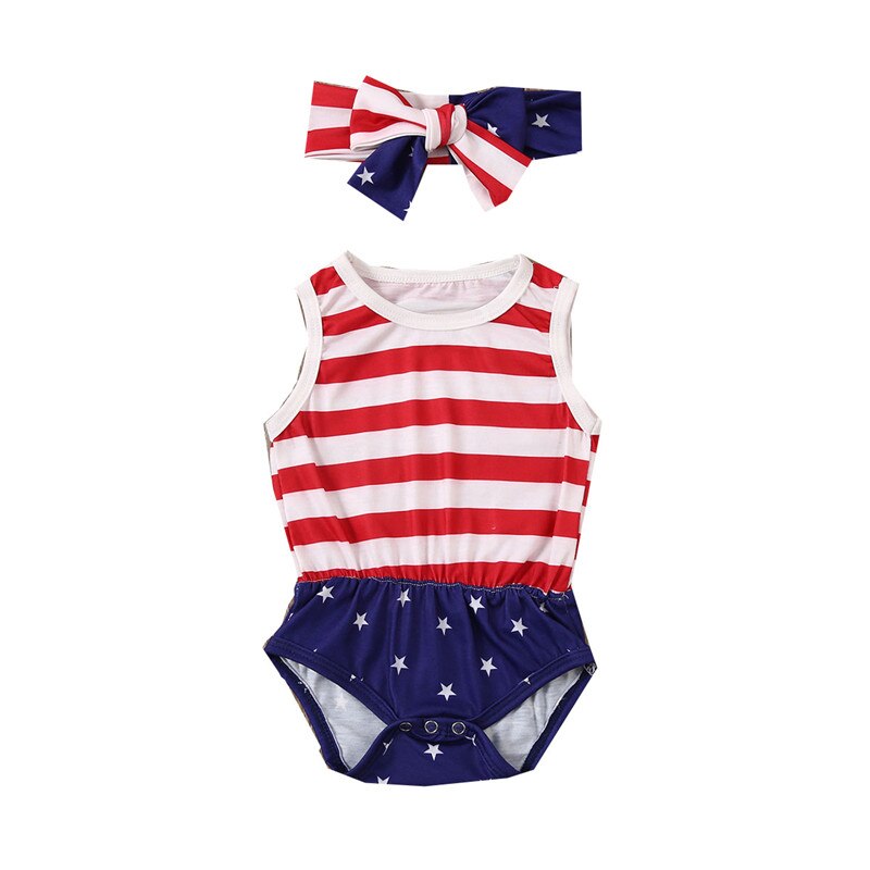 Independence Day Baby Baby Meisjes Jongens Rompertjes Gestreepte Print Korte Mouw/Mouwloze Jongens Romper Baby Katoen Jumpsuits Hoofdband: Sleeveless 24M