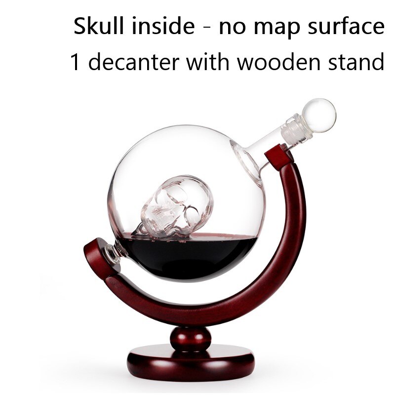 Whiskey Decanter Globe Wijn Glas Set Zeilboot Schedel Binnen Kristal Whisky Karaf Met Fijn Hout Stand Drank Decanter Voor Vodka: Skull globe