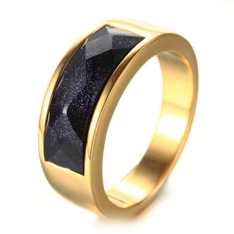 Doyubo herenringaccessoires van roestvrij staal met vierkante blauwe stenen, herenring met graveerlogo en naam  da141: 7 / Goud