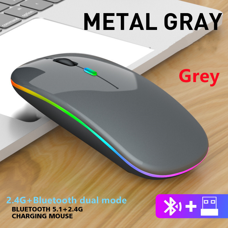 Wireless Mouse Rechargeable Bluetooth Mouse Wireless Computer Silent Mause LED Backlit RGB Ergonomic Gaming Mouse For PC ipad: Grey