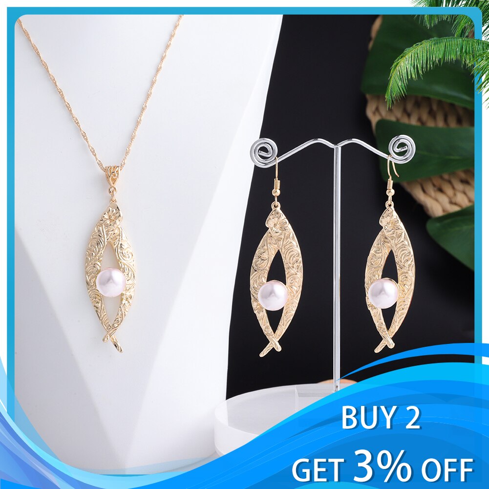 Cring Coco Earrings Necklace Set Hawaiian Polynesian Samoa Gold Colorful Pearl Pendant Necklace Jewelry Set for Women Girls