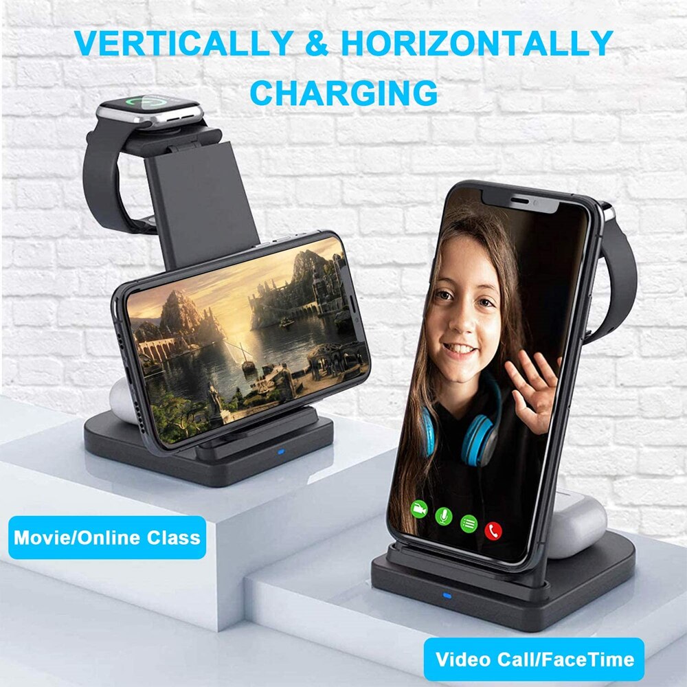 15W Qi Wireless Charger Stand 3 in 1 Fast Charging Station For iPhone 12 11 Apple Watch AirPods Pro Samsung S21 S20 Xiaomi Mi 11