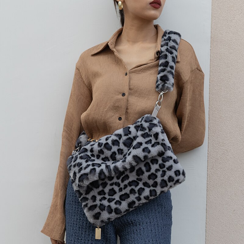 Tassen Handbagsautumn En Winter Handtas Pluche Clamshell Zak Luipaard Print Grote Capaciteit Tote Bag Handtassen
