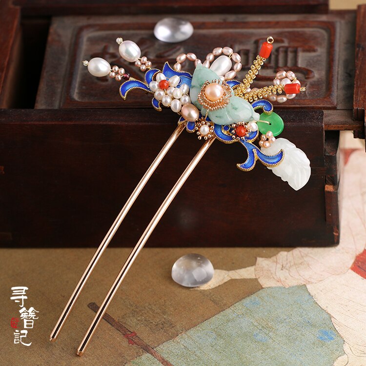 Kanzashi Hanfu-accesorios originales hechos a mano para el cabello, Varita para el pelo de Jade Vintage Cloisonne, Perla de mariposa, ágata, horquilla de Adorno