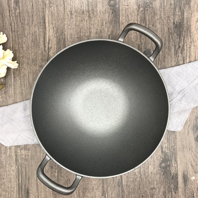 Oude-Stijl Binaural Gietijzeren Wok Gietijzer Pot Verdikte Non-stick Pan Ongecoat Platte Bodem Wok