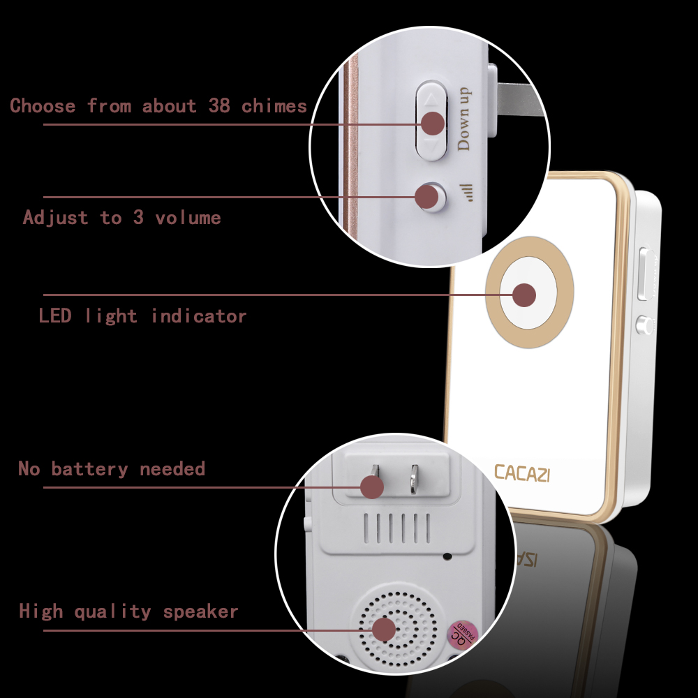 CACAZI Wireless Doorbell Waterproof 300M Remote 2 Battery Button 4 Receiver led light US EU Plug Home Cordless door bell chime