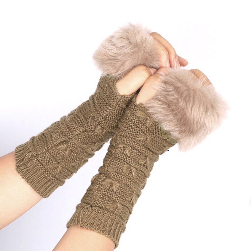 Guantes sin dedos para mujer, de lana de imitación, Crochet, calentador de muñeca , cálido para manos, mitones de medio dedo, invierno,: Caqui