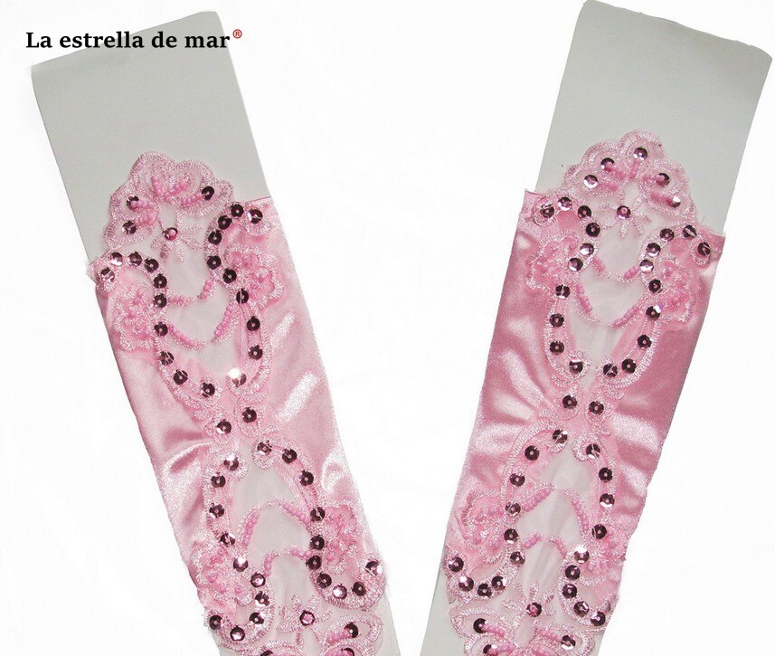 Gants de mariage pour mariée perle multicolore satin sans doigts mariée gants de mariage coude spot applique mariage perlé: Rose