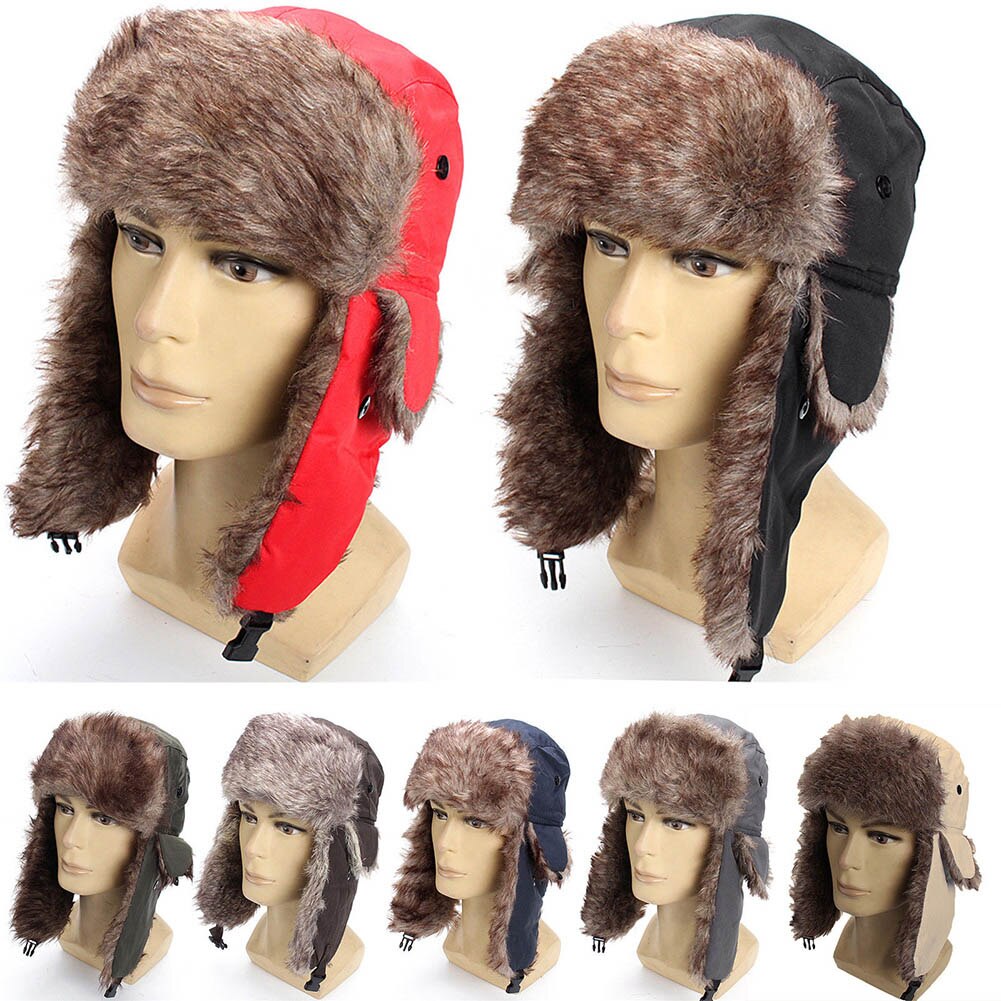 Unisex mænd kvinder russisk hat trapper bomber varm trooper øreklapper vinter ski hat solid fluffy imiteret pels kasket hovedbeklædning motorhjelm