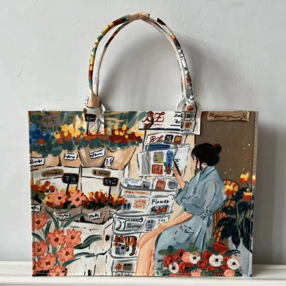 Large Capacity Felt Tote Bag Travel Ladies High-End Printed Commuting Shopping Bag Model Handbag for Women