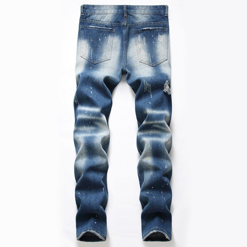 Blue Ripped Jeans Pants Streetwear Splash Ink Men Jeans Straight Slim Fit Casual Hole Jeans Brand Men's Denim Trousers