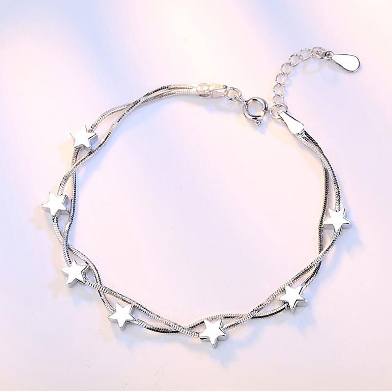 Pulsera de plata de ley 925 para mujer, pulsera tobillera de doble cadena cuadrada, pulsera de estrella para mujer, pulsera S-B167