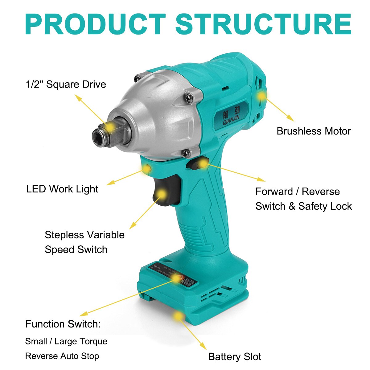 21V Brushless Cordless Electric Impact Wrench 1/2 inch Square Wrench Hand Drill Installation Power Tool
