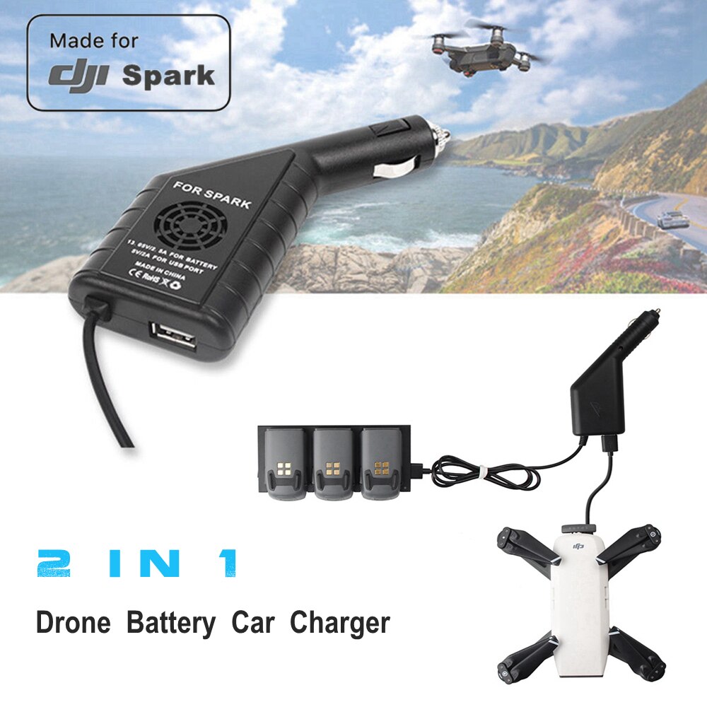2 In 1 Voor Dji Spark Drone Autolader Drone Lader Acculader Voor Mini Rc Quadcopter Extra Usb poort Opladen Lader