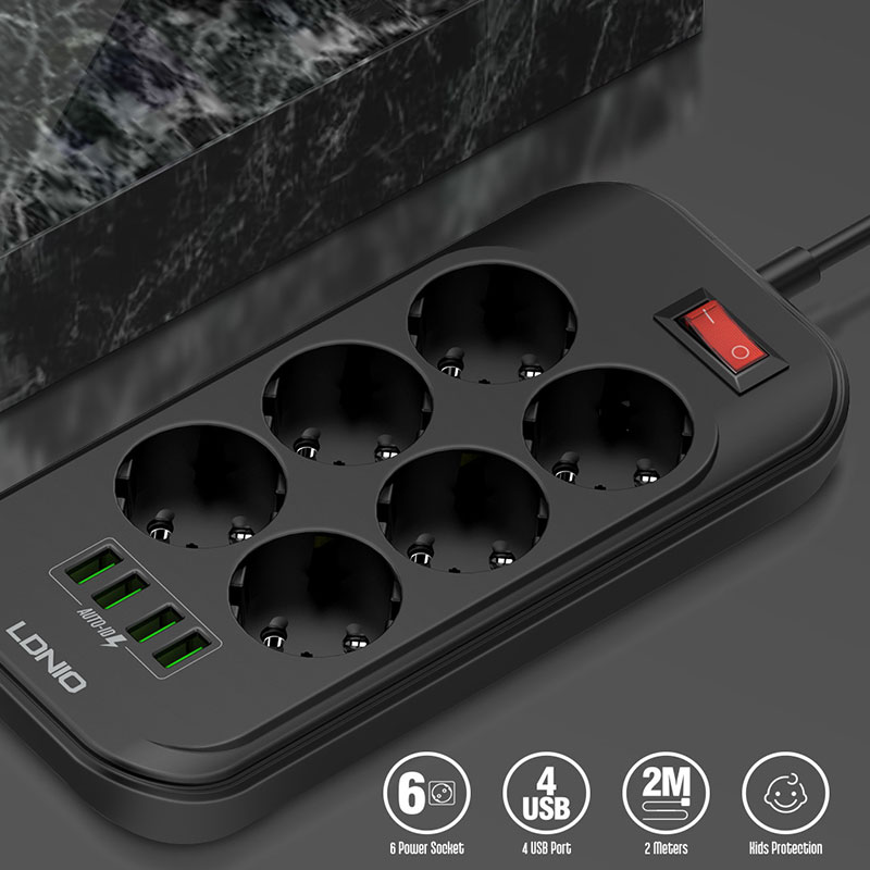 Eu-stekker elektronische stekkerdoos snel opladen 3 usb  + 6 stopcontacten voor mobiele telefoons 2500w 250v 2m verlengkabel netwerkfilter