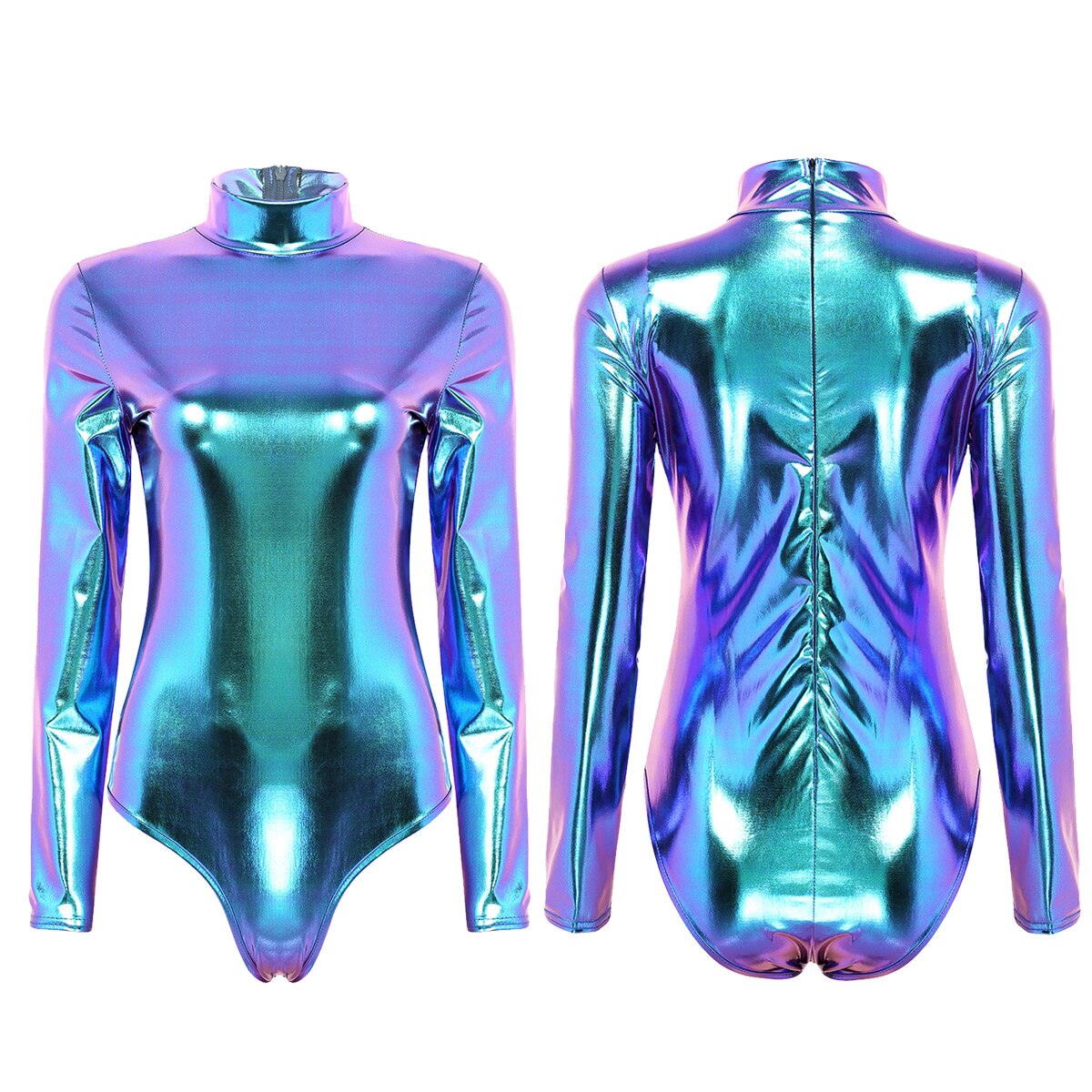 gymnastics leotard metallic gymnastics clothes holographic dance leotard for women long sleeve high neck shinny ballet leotard: Blue / S