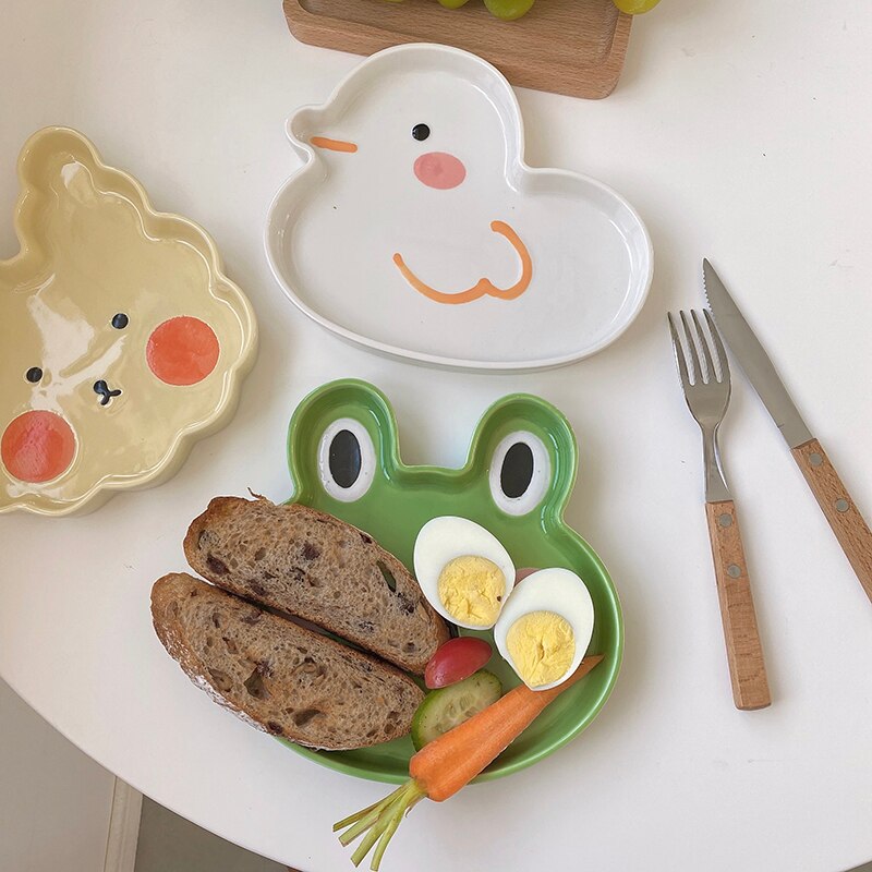 Cute Animal Ceramic Plate Breakfast Beef Dishes Cartoon Rabbit Frog Dessert Dish Fruit Snack Plate Animal Dish Dinnerware Set