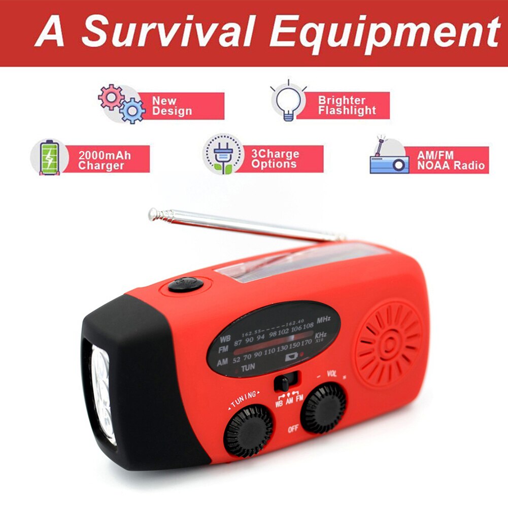 Ready Stock 2000mAh Hand Crank Solar Radios Dynamo Powered AM/FM/NOAA Weather Radio Use Emergency LED Flashlight Power Bank: 2000mAh Red no bag