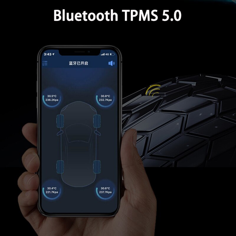 Bluetooth 5.0 4.0 tpms bildæk system til overvågning af dæk med 4 sensorer til ios android mobiltelefon app overvågning alarm nyhed